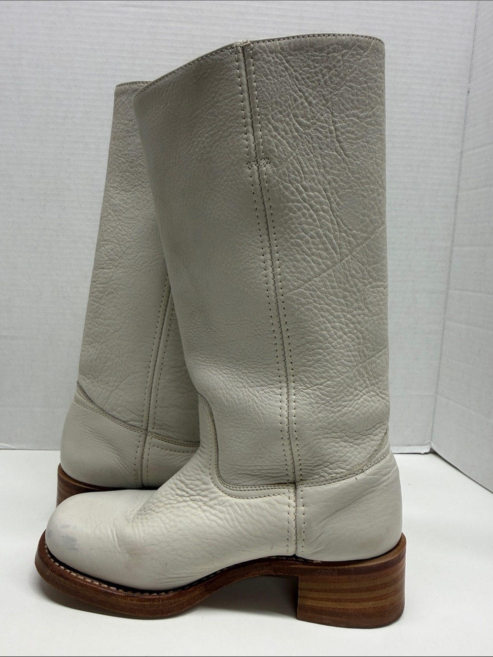 Frye Campus Heeled Boots Pebbled Leather Mid Calf Ivory Vintage USA Size 8.5 M - Picture 6 of 10